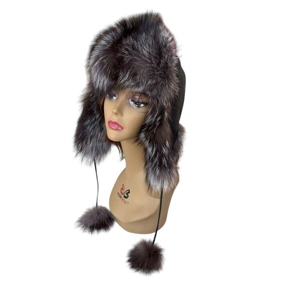 Surell Genuine Blue Fox Fur Trim Quilted Trapper Hat Black with fur Pom Poms - Picture 2 of 7